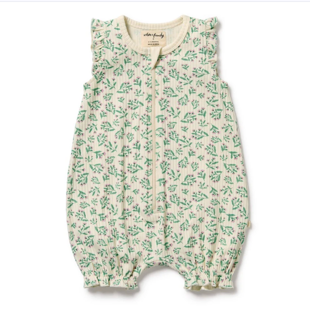 Periwinkle ruffle organic cotton baby zipsuit footie