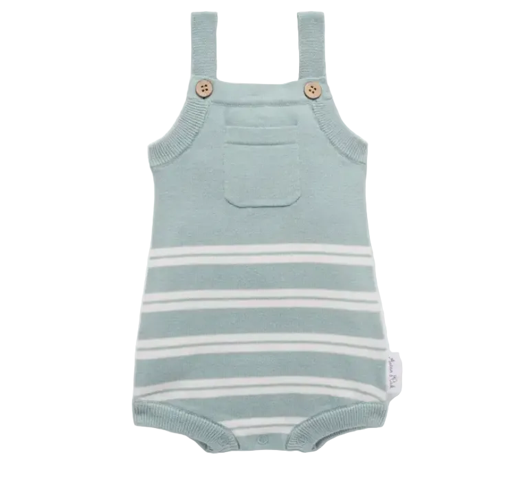 Light blue and white striped baby romper with straps on a white background