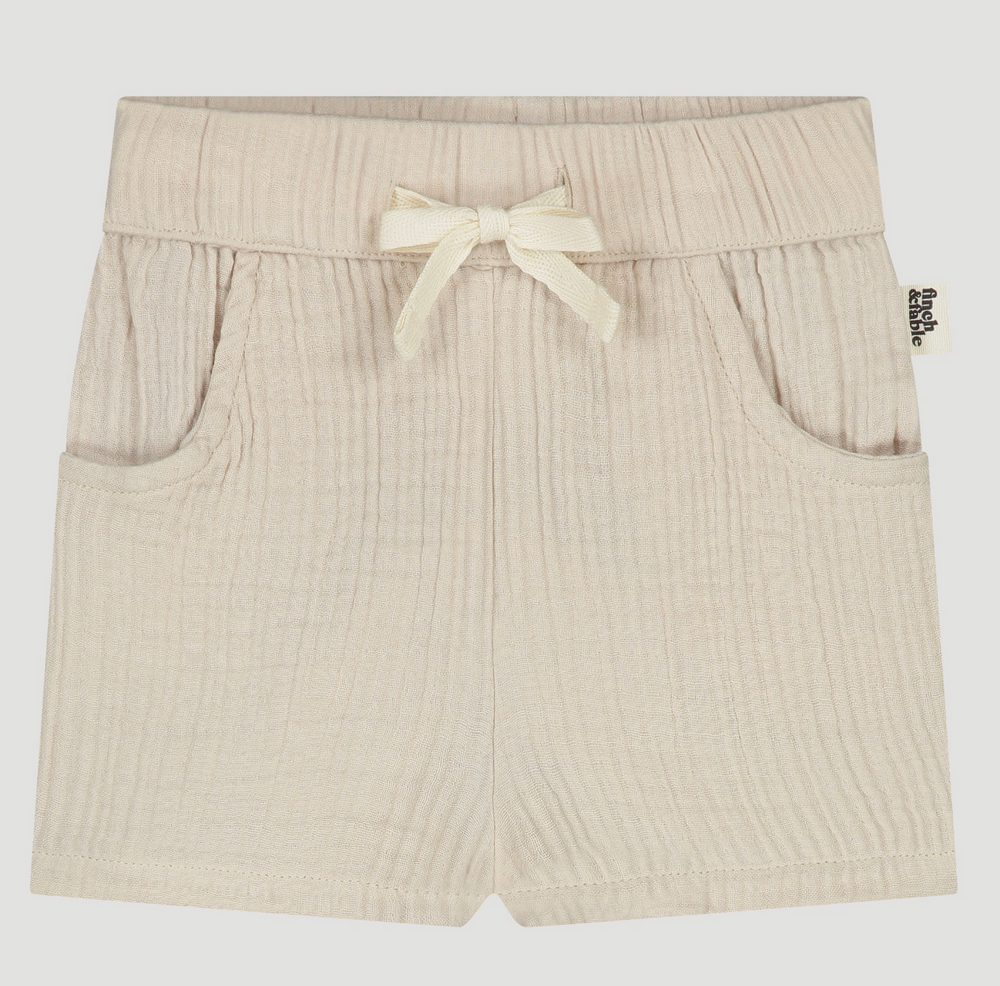 Tan organic cotton muslin baby shorts