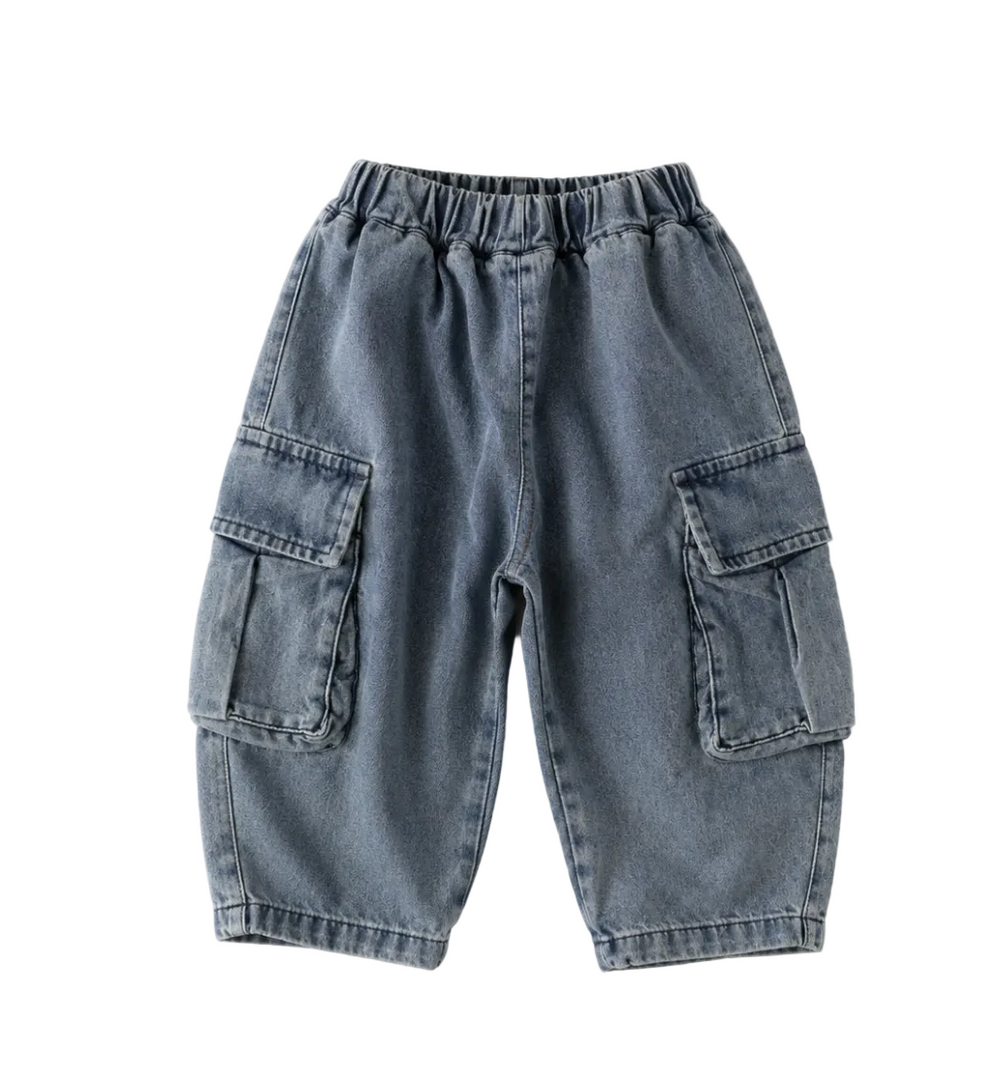 Light blue denim cargo shorts with an elastic waistband, laid flat on a light beige background.