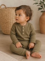 Organic Cotton Button Baby Romper: Army Green