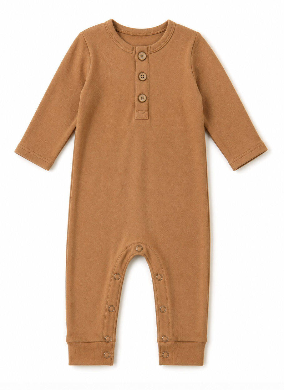 Organic Cotton Button Baby Romper: Terracotta