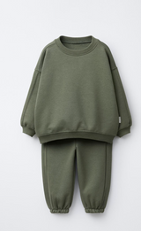A two-piece children's sweatshirt and jogger pants set in olive green, displayed flat against a light gray background.