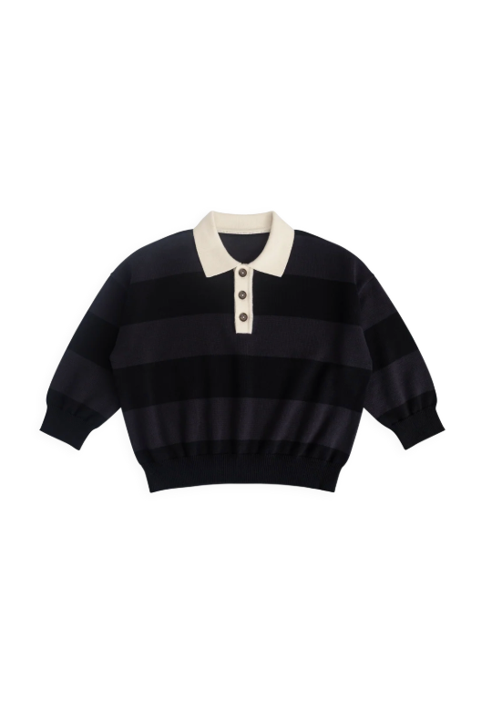Navy Stripe Collared Knit Sweater- 100% Cotton