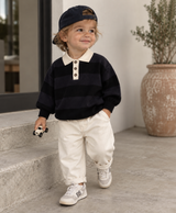 Navy Stripe Collared Knit Sweater- 100% Cotton