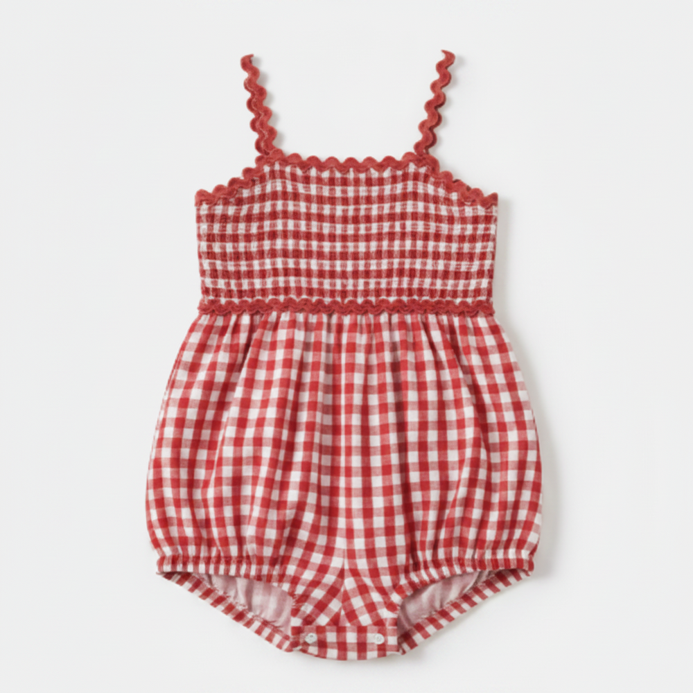 Cherry gingham ric-rac cotton baby romper