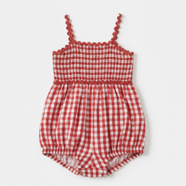 Cherry gingham ric-rac cotton baby romper