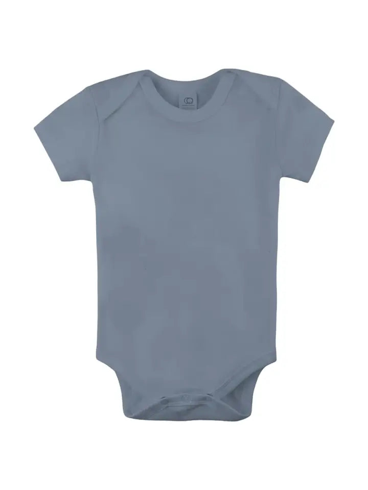 Plain blue baby onesie on a white background