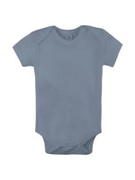 Plain blue baby onesie on a white background
