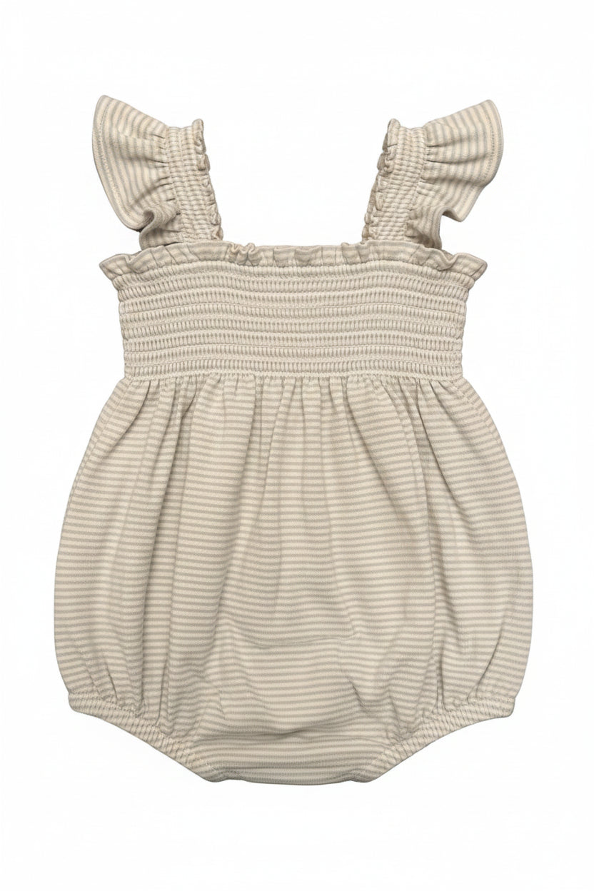 Smocked Ruffle Sleeve Romper — Sky Micro Stripe