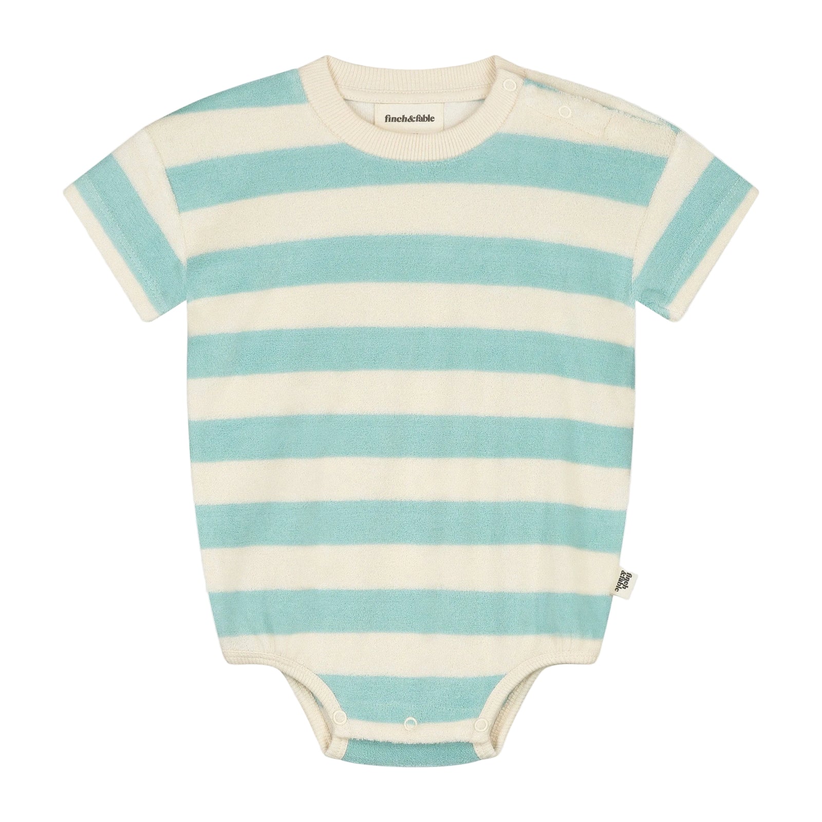 Striped baby onesie with blue and white horizontal stripes on a light gray background
