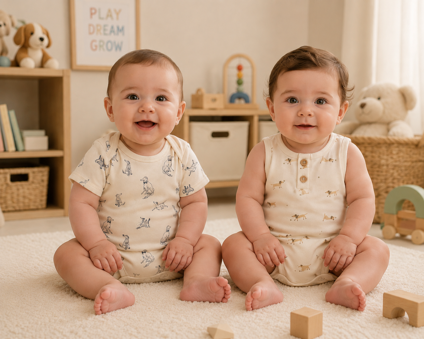Two babies sitting on a carpeted floor in a room with toys and books.