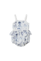White baby romper with blue printed design on a white background