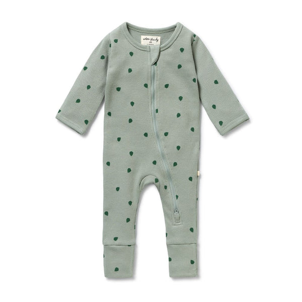 Green organic cotton waffle baby zipsuit footie