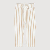 White pants with thin brown stripes on a light gray background