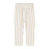White pants with thin brown stripes on a light gray background