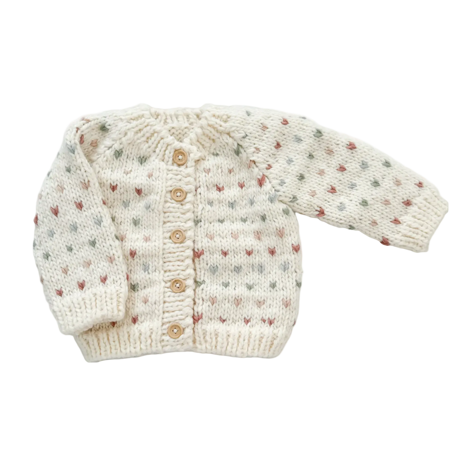 Knitted baby cardigan with small patterns on a white background