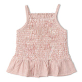 Pink and white striped dress with smocked bodice on a white background