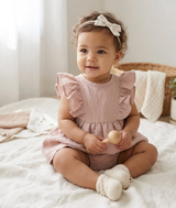 Blush pink ruffle pinafore baby dress – view 5