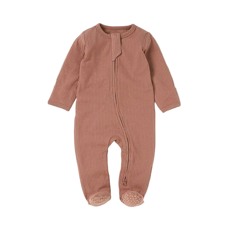 Brown ribbed baby onesie on a white background