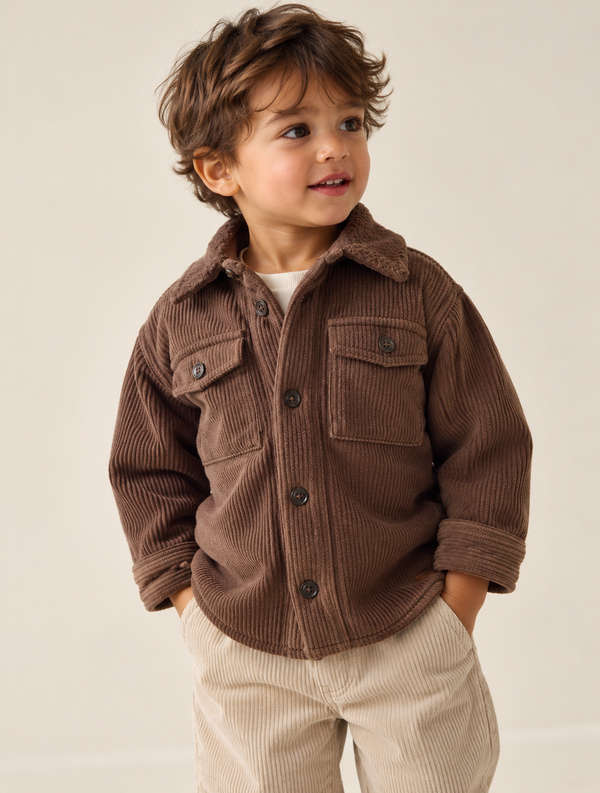 Chocolate Brown Borg-Lined Cord Kids Shacket