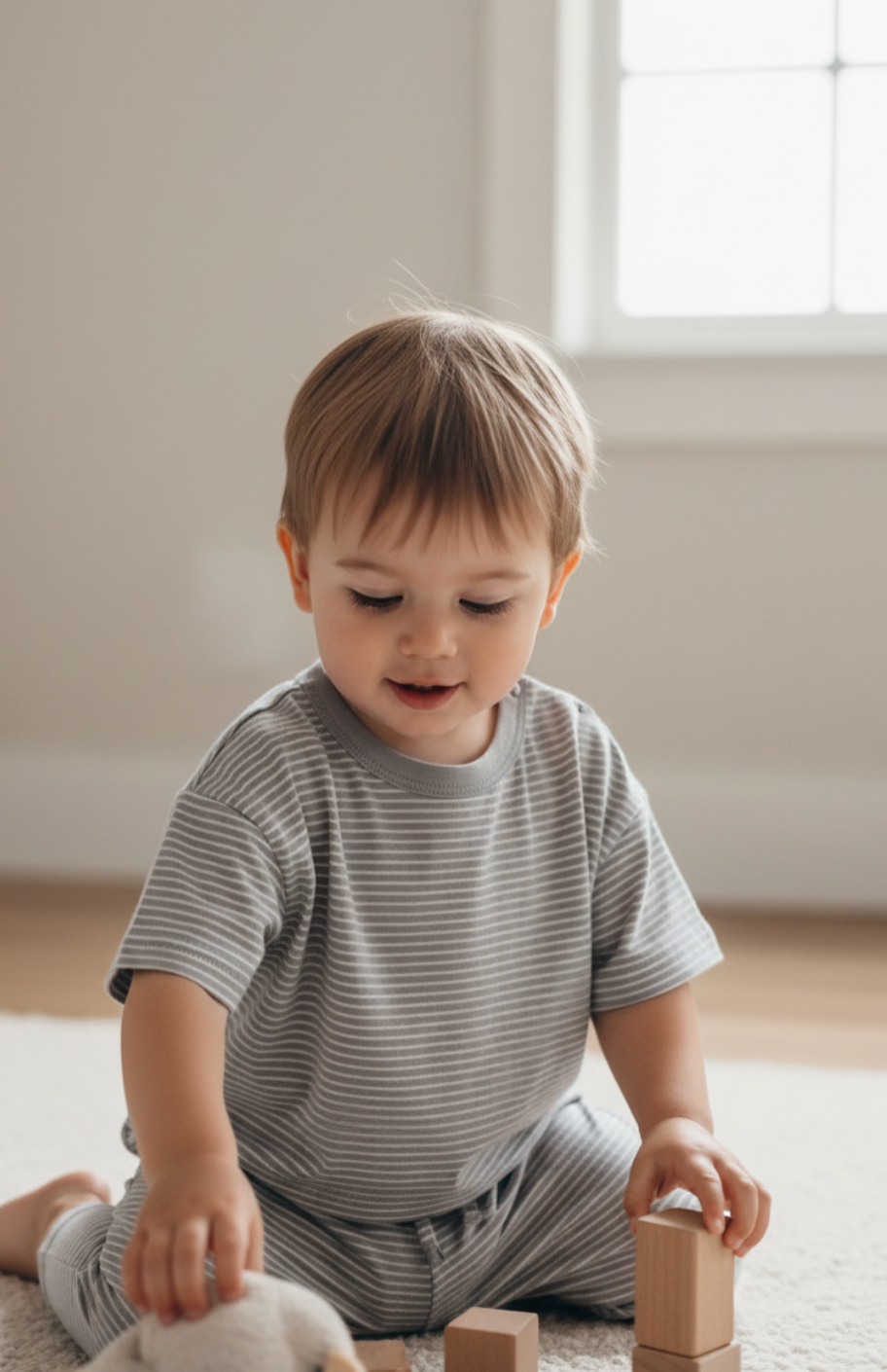 Boy toddler playing with blocks on a light-colored floor in cotton matching set