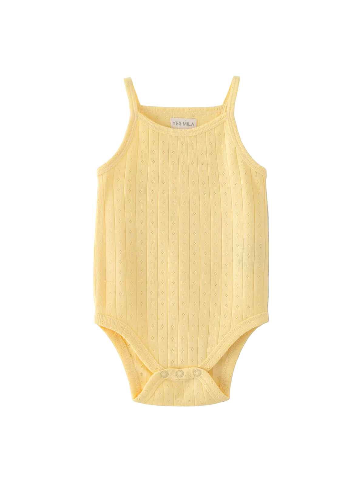 Yellow ribbed baby bodysuit on a light gray background