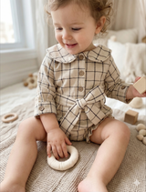 Cream Plaid Cotton Baby Romper Set – Bow & Socks (3-Piece)