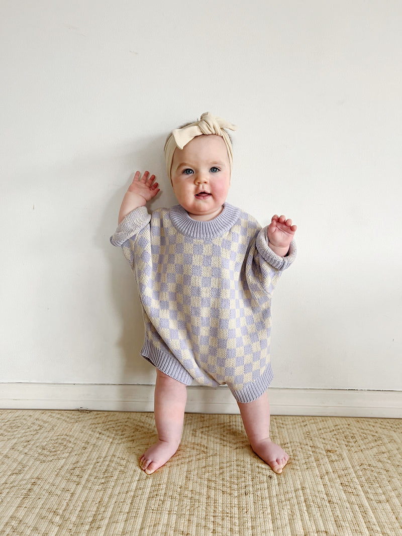 Checkerboard Knit Romper — Lilac & Oat