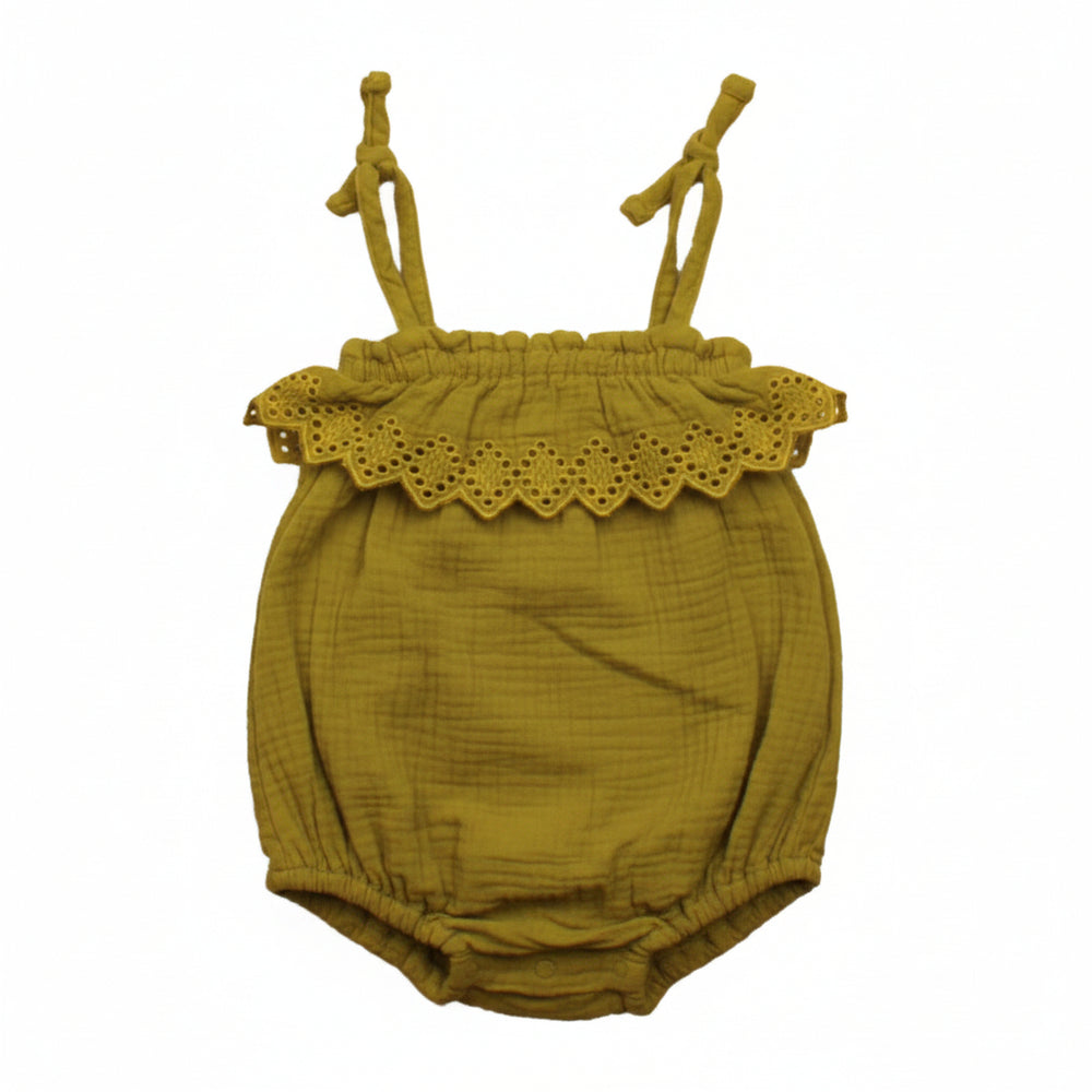 Ochre ruffle cotton baby romper, pre-loved